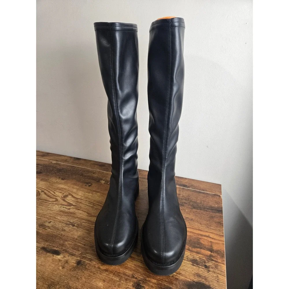 FRAME Black Le Remi Knee High Boots 37.5 Made in Portugal Leather Platform